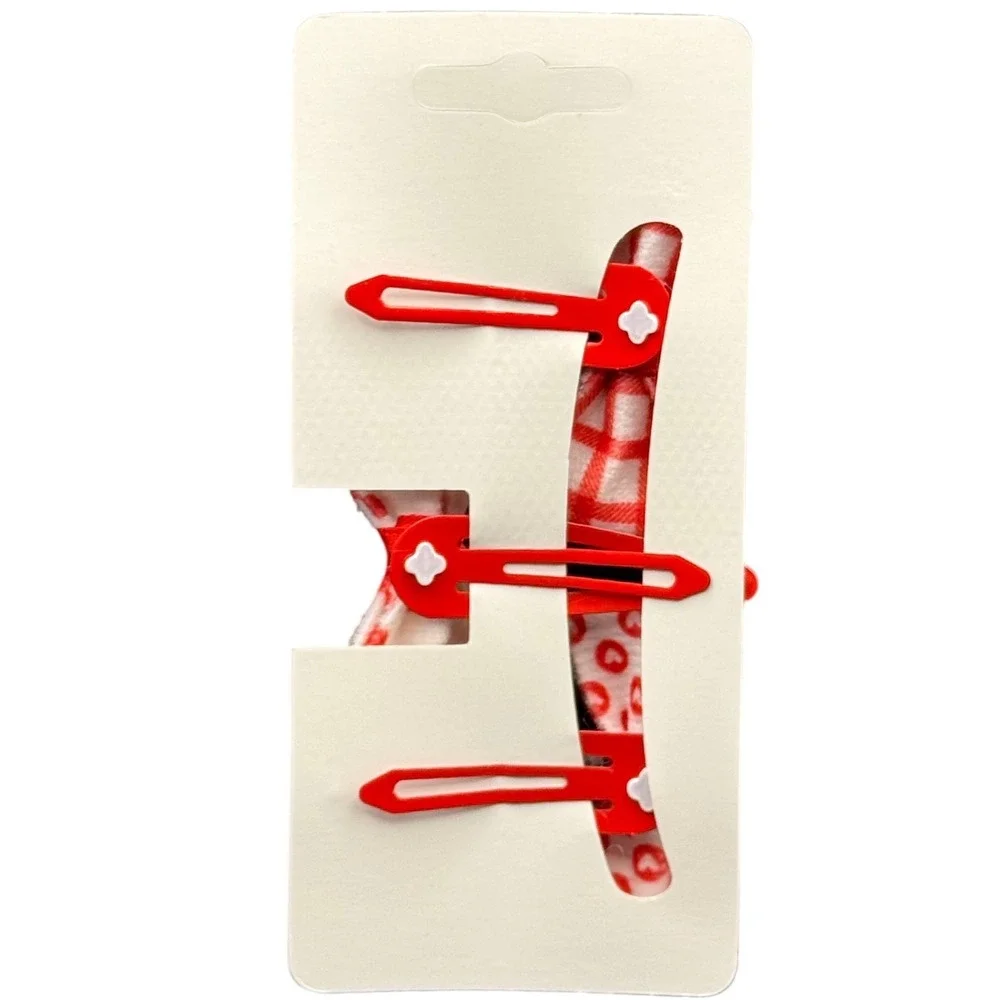 Kids 3pc Red White Bow Snap Hair Clips Gingham Hearts Polka Dot